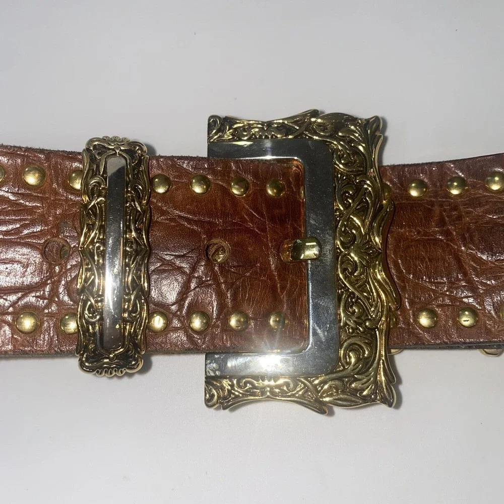 NANNI Italy Brown Leather Silver Gold Stud Belt Croc Boho Stud Size 85/34 - Picture 2 of 9